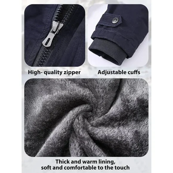 Mens Dark Blue  Hooded Winter Jacket Warm Fleece Lined ZipUp Casual Coat . - Picture 5 of 6